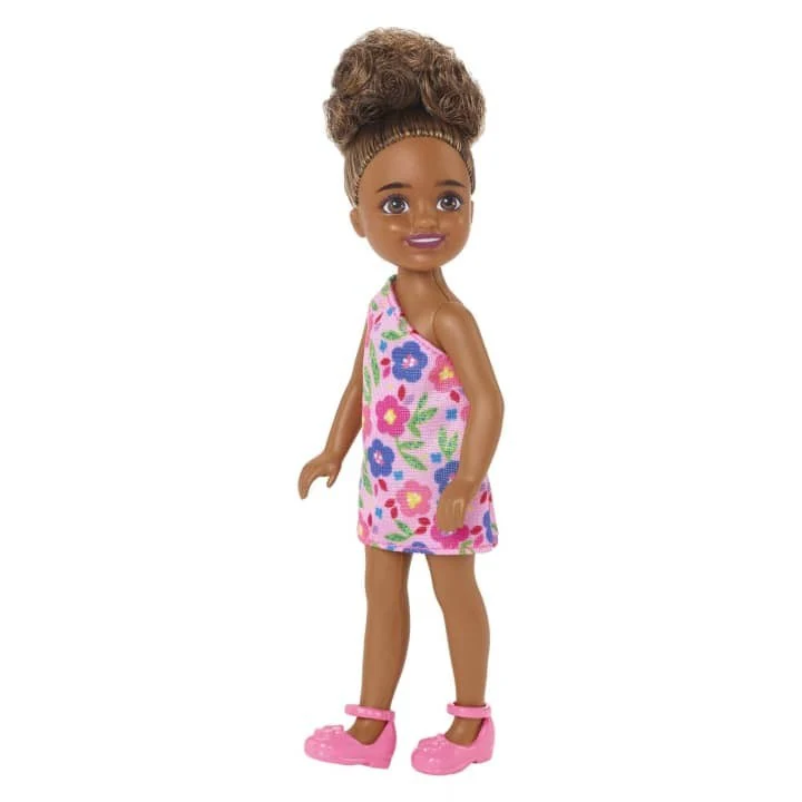 BARBIE CHELSEA DOLL (BRUNETTE CURLY HAIR) WEARING ONE-SHOULDER FLOWER-PRINT DRESS AND PINK SHOES - Image 2