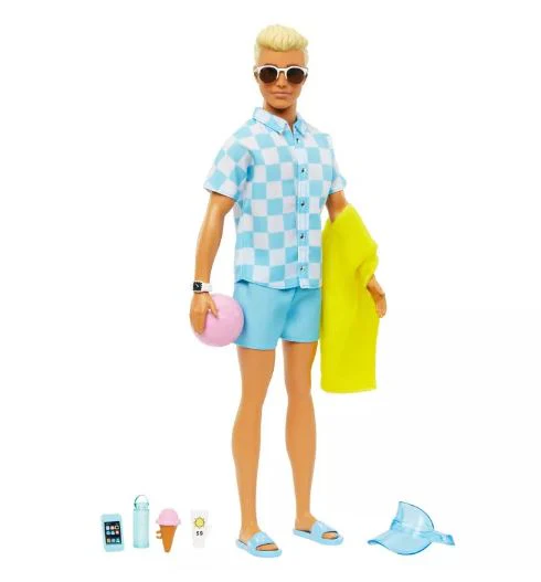BARBIE KEN DOLL WITH SWIM TRUNKS AND BEACH-THEMED ACCESSORIES