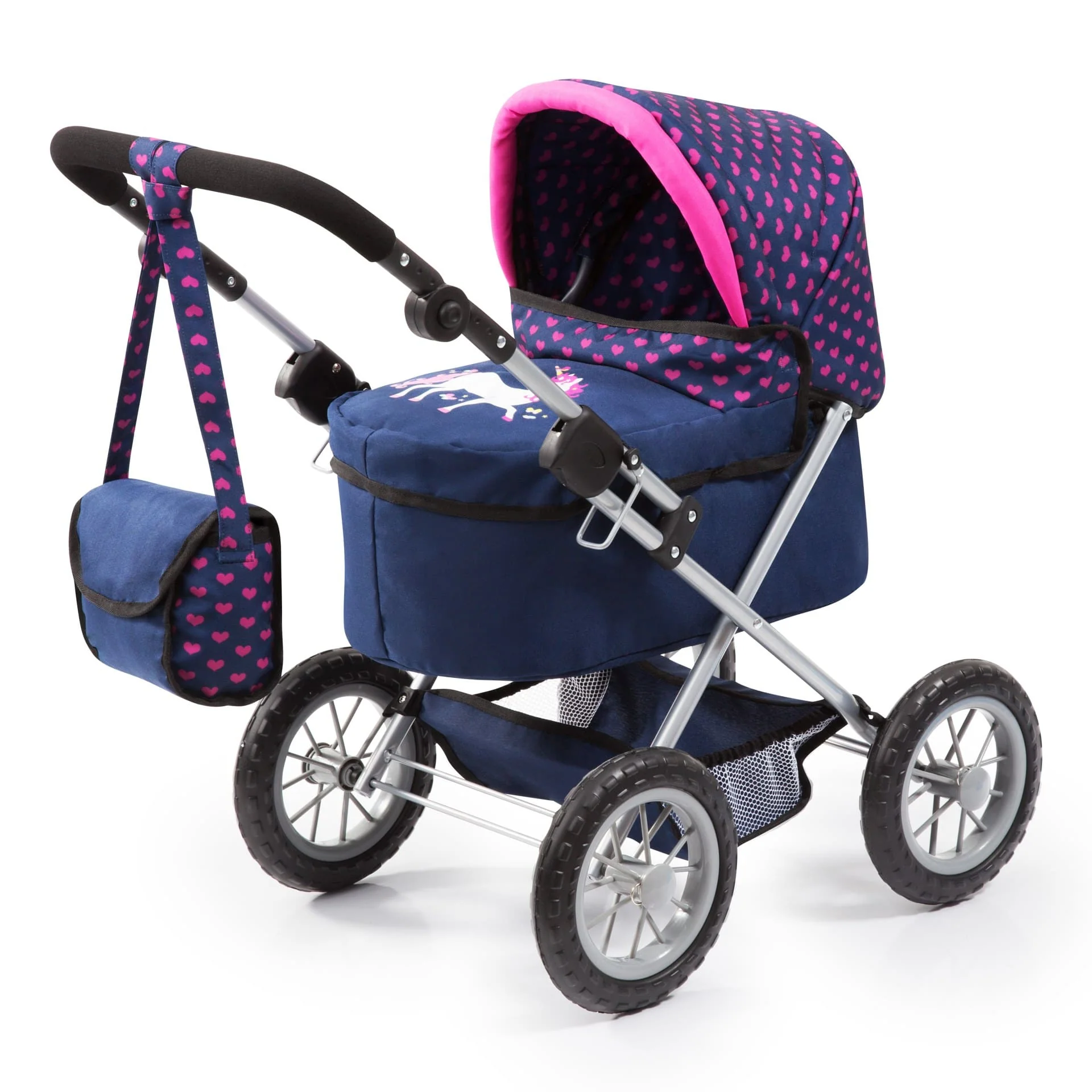 BAY TRENDY DOLL PRAM - DARK BLUE W/ HEARTS & UNICORN