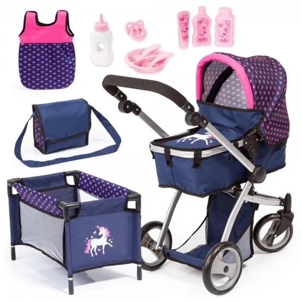 BAYER MILANA MEGA SET W/ COMBI PRAM - DARK BLUE WITH PINK HEARTS
