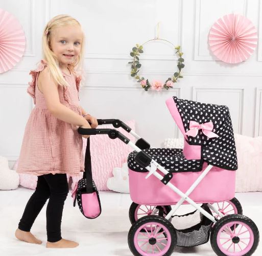 BAYER TRENDY DOLL PRAM PINK WITH BLACK HOOD & PINK BOW - Image 2