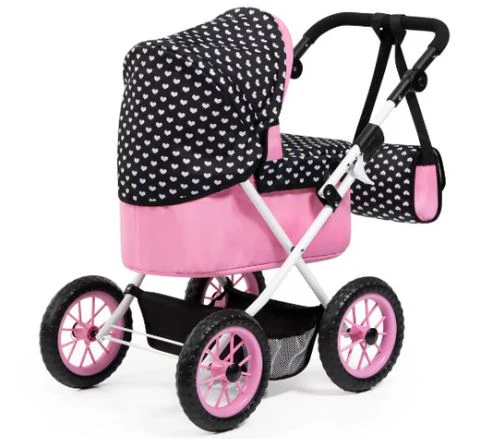 BAYER TRENDY DOLL PRAM PINK WITH BLACK HOOD & PINK BOW - Image 5