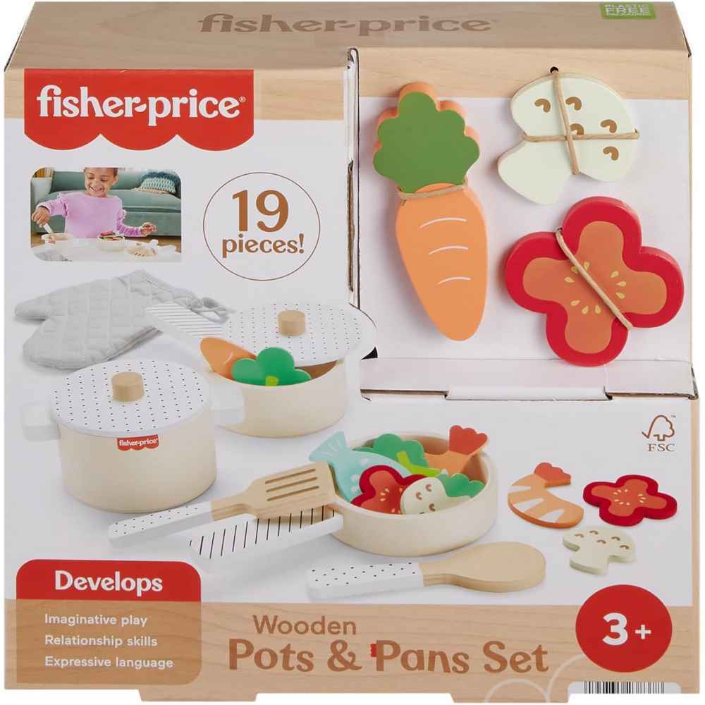 FISHER-PRICE WOODEN POTS AND PANS SET  19 PIECE SET