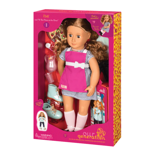 OUR GENERATION DELUXE ISA DINER DOLL W/ BOOK ISA AND INA FAIR SHARE AT THE DINERIN BROWN