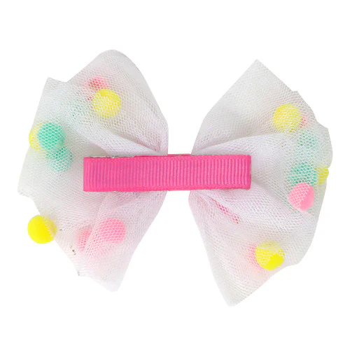 PINK POPPY MESH BOW WITH POM POM HAIRCLIP - Image 2