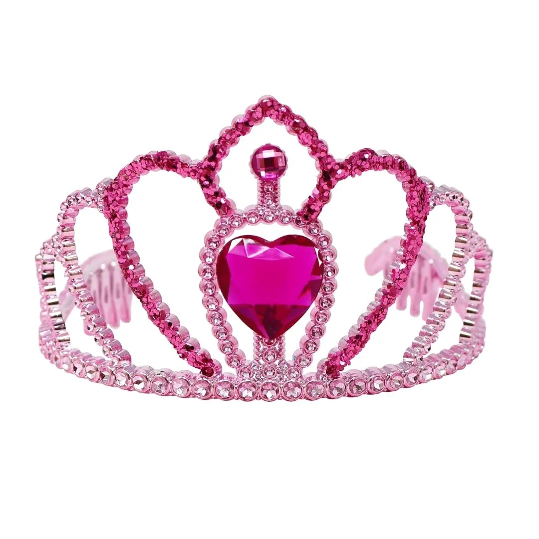 PINK POPPY PRINCESS ROSE CROWN WITH HEART GEMSTONE AND GLITTER